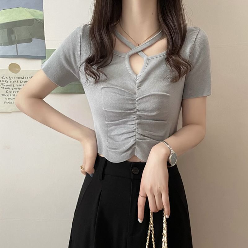 Short-Sleeve Notch Neck Plain Criss Cross Ruched Knit Top