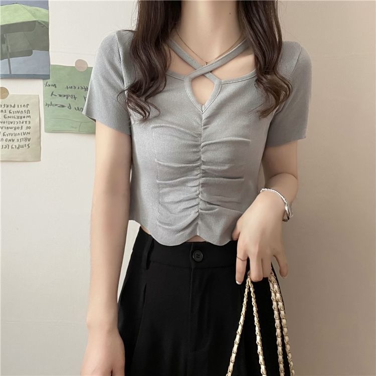 Short-Sleeve Notch Neck Plain Criss Cross Ruched Knit Top