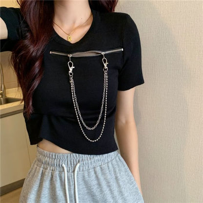Short-Sleeve Crew Neck Plain Zip Chain T-Shirt