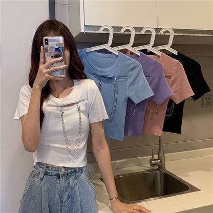 Short-Sleeve Crew Neck Plain Zip Chain T-Shirt