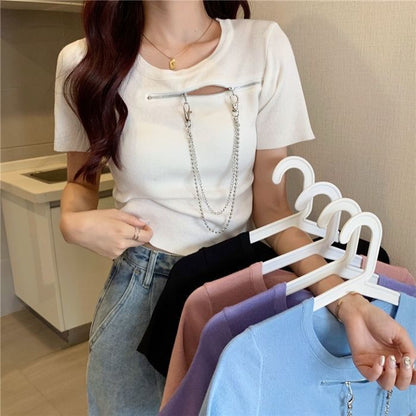Short-Sleeve Crew Neck Plain Zip Chain T-Shirt