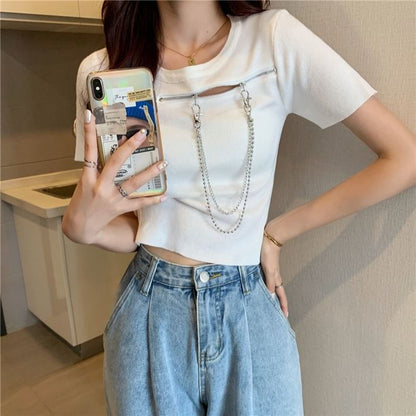 Short-Sleeve Crew Neck Plain Zip Chain T-Shirt