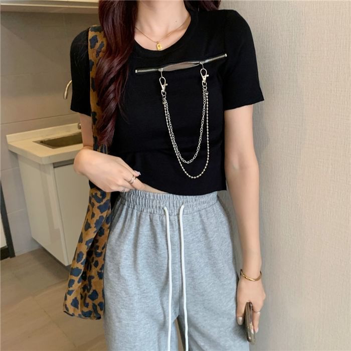 Short-Sleeve Crew Neck Plain Zip Chain T-Shirt