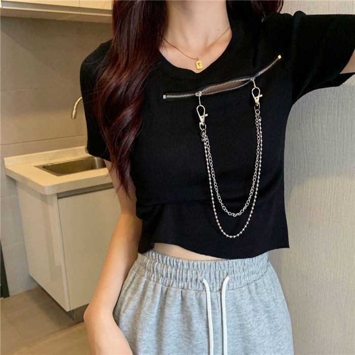 Short-Sleeve Crew Neck Plain Zip Chain T-Shirt