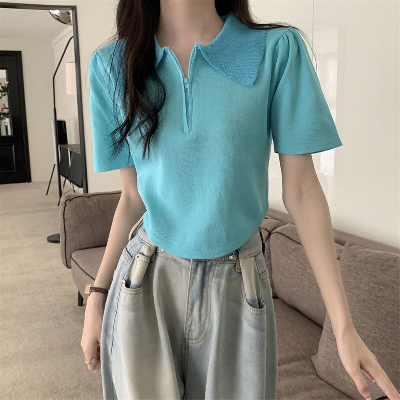 Short-Sleeve Collared Half Zip Knit Top