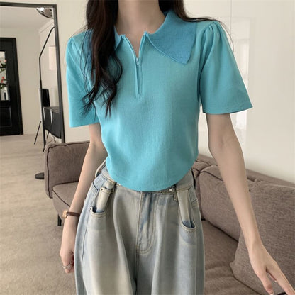 Short-Sleeve Collared Half Zip Knit Top