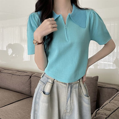 Short-Sleeve Collared Half Zip Knit Top