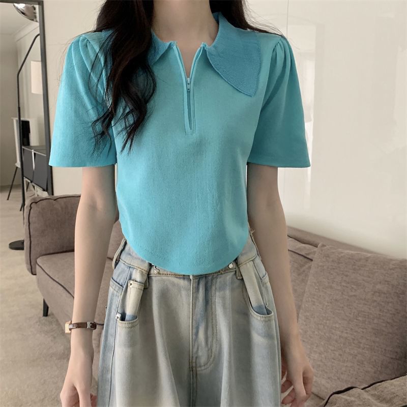 Short-Sleeve Collared Half Zip Knit Top