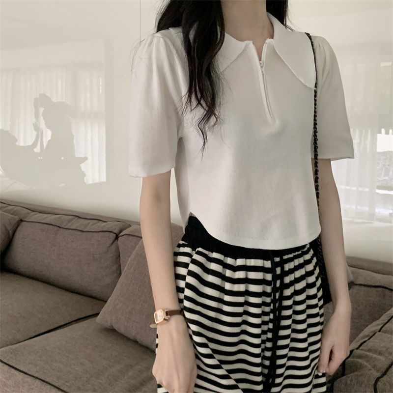 Short-Sleeve Collared Half Zip Knit Top