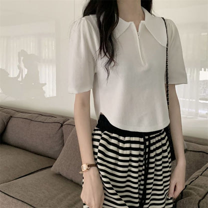 Short-Sleeve Collared Half Zip Knit Top