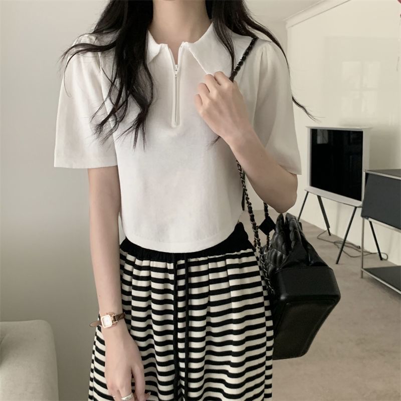 Short-Sleeve Collared Half Zip Knit Top