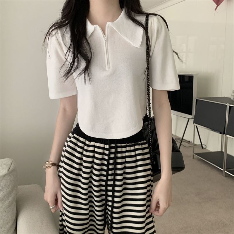 Short-Sleeve Collared Half Zip Knit Top