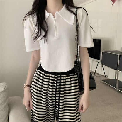 Short-Sleeve Collared Half Zip Knit Top
