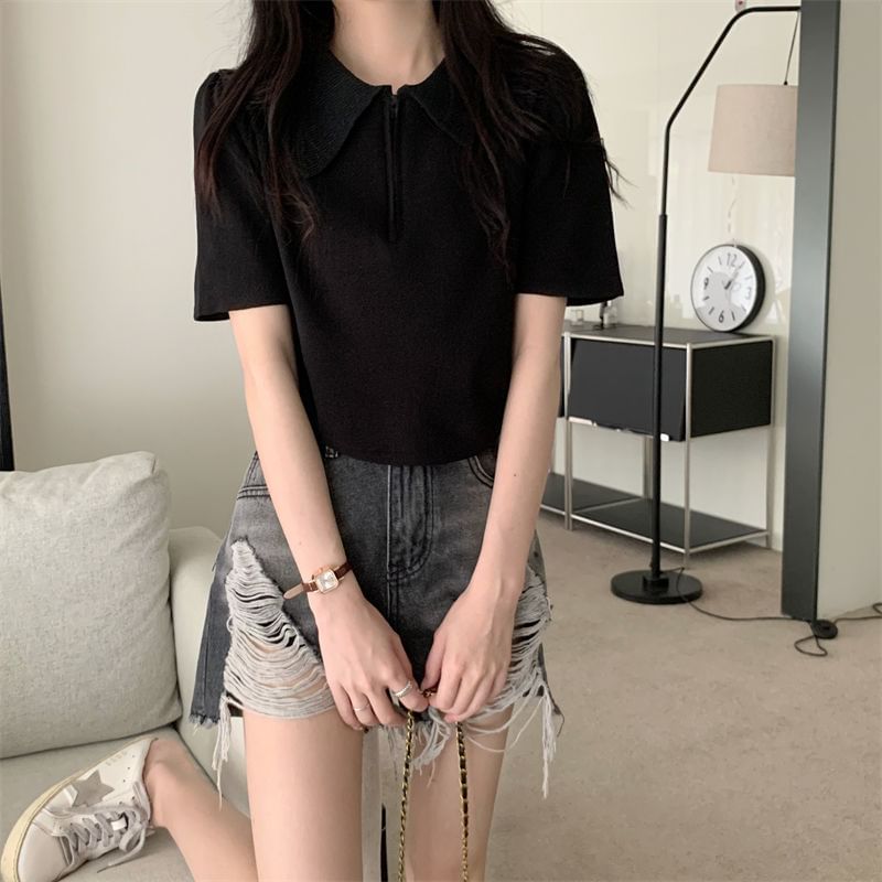 Short-Sleeve Collared Half Zip Knit Top