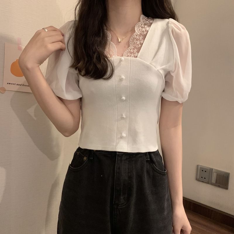 Short-Sleeve V-Neck Embroidered Button Panel Top