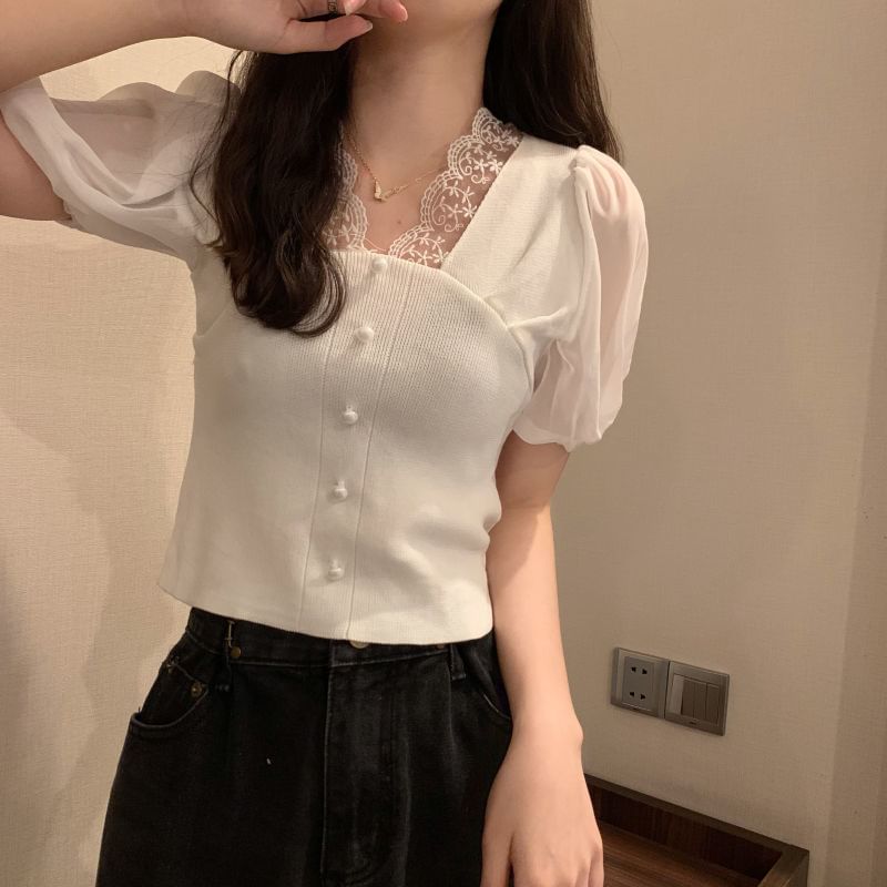Short-Sleeve V-Neck Embroidered Button Panel Top