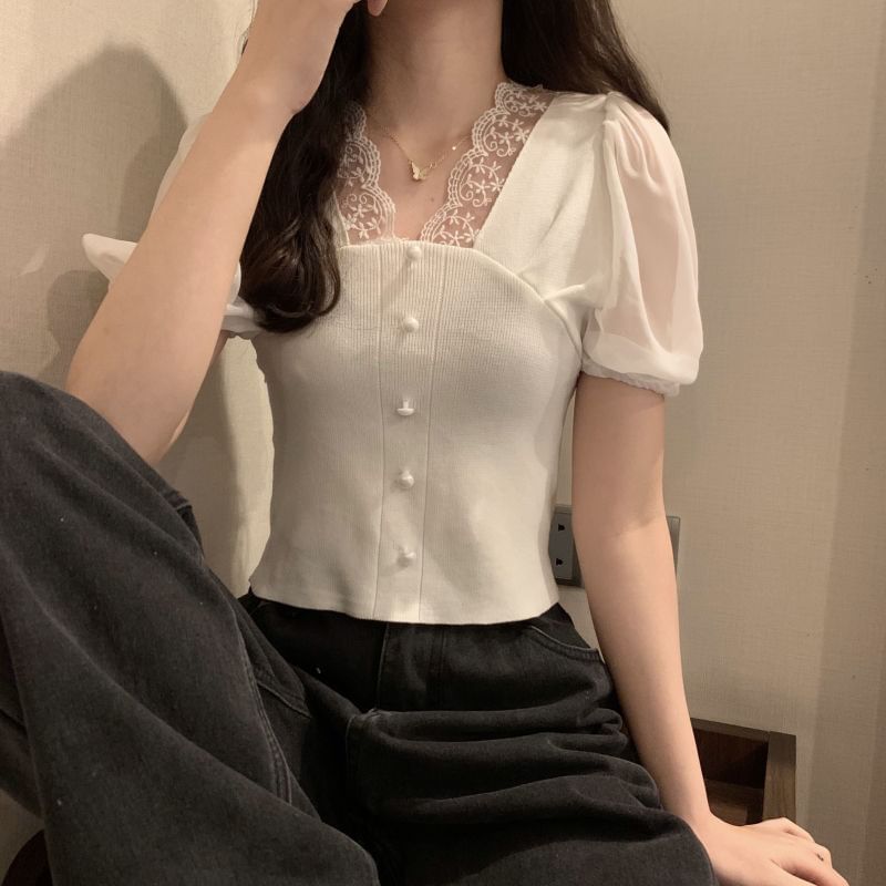 Short-Sleeve V-Neck Embroidered Button Panel Top