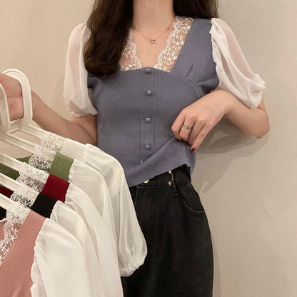 Short-Sleeve V-Neck Embroidered Button Panel Top