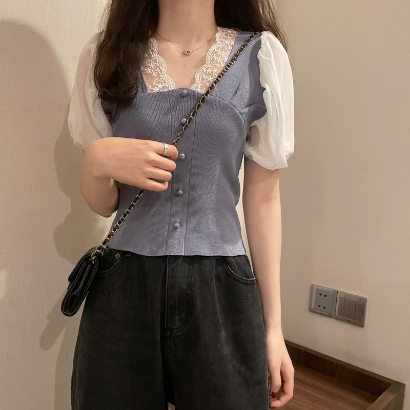 Short-Sleeve V-Neck Embroidered Button Panel Top