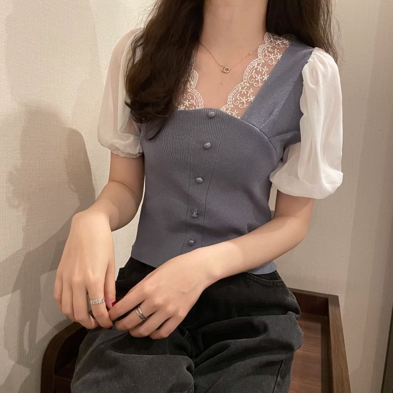 Short-Sleeve V-Neck Embroidered Button Panel Top
