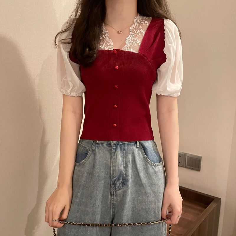 Short-Sleeve V-Neck Embroidered Button Panel Top