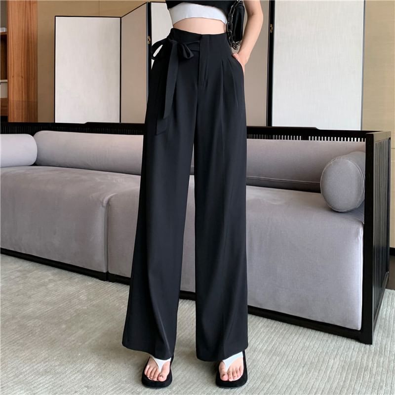 High Waist Plain Tie-Up Wide Leg Dress Pants