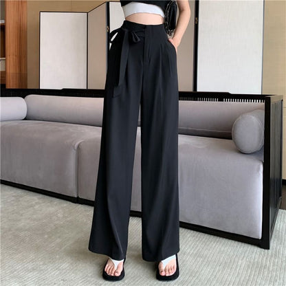 High Waist Plain Tie-Up Wide Leg Dress Pants