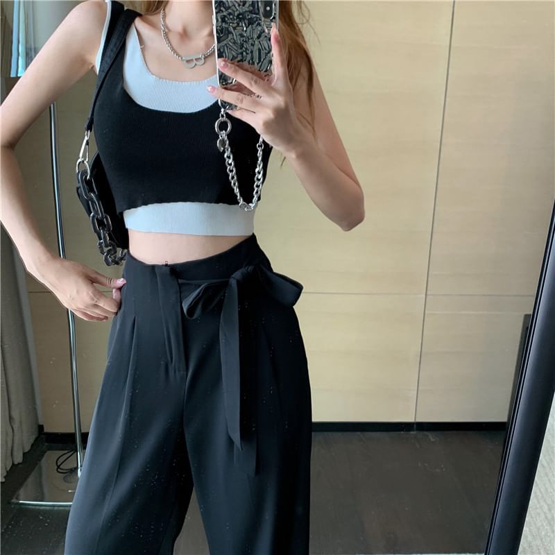 High Waist Plain Tie-Up Wide Leg Dress Pants