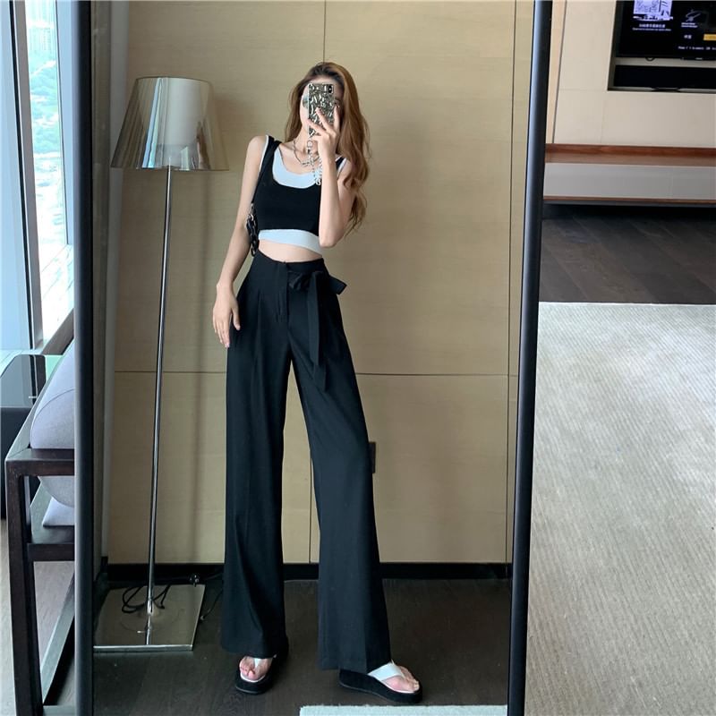 High Waist Plain Tie-Up Wide Leg Dress Pants
