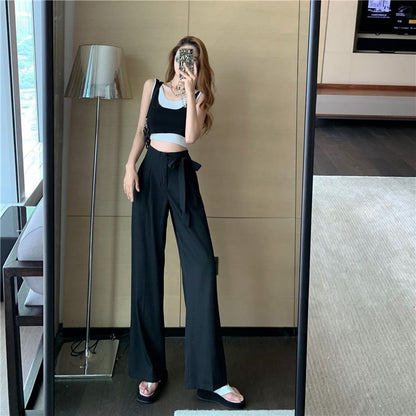High Waist Plain Tie-Up Wide Leg Dress Pants