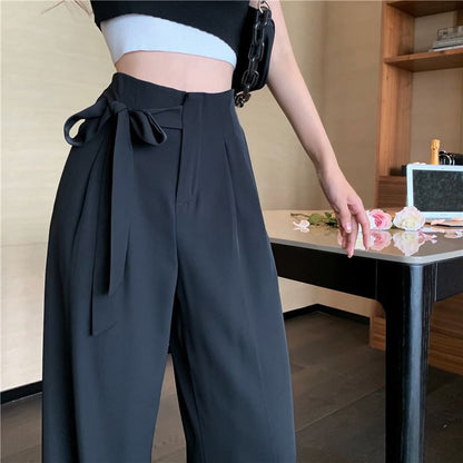 High Waist Plain Tie-Up Wide Leg Dress Pants