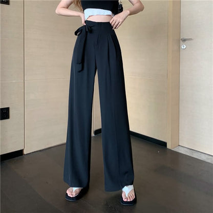 High Waist Plain Tie-Up Wide Leg Dress Pants