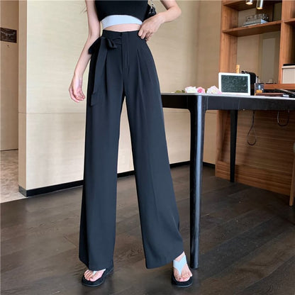 High Waist Plain Tie-Up Wide Leg Dress Pants