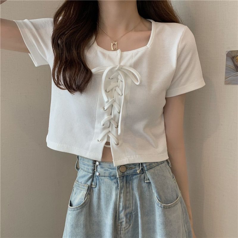 Short-Sleeve Square Neck Plain Lace Up Top