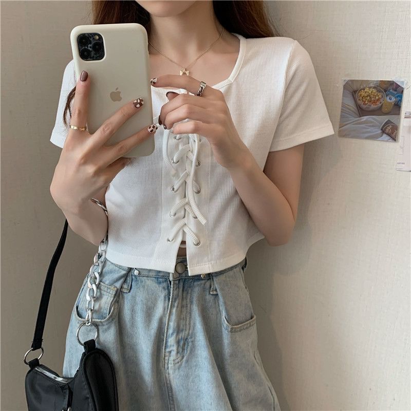 Short-Sleeve Square Neck Plain Lace Up Top