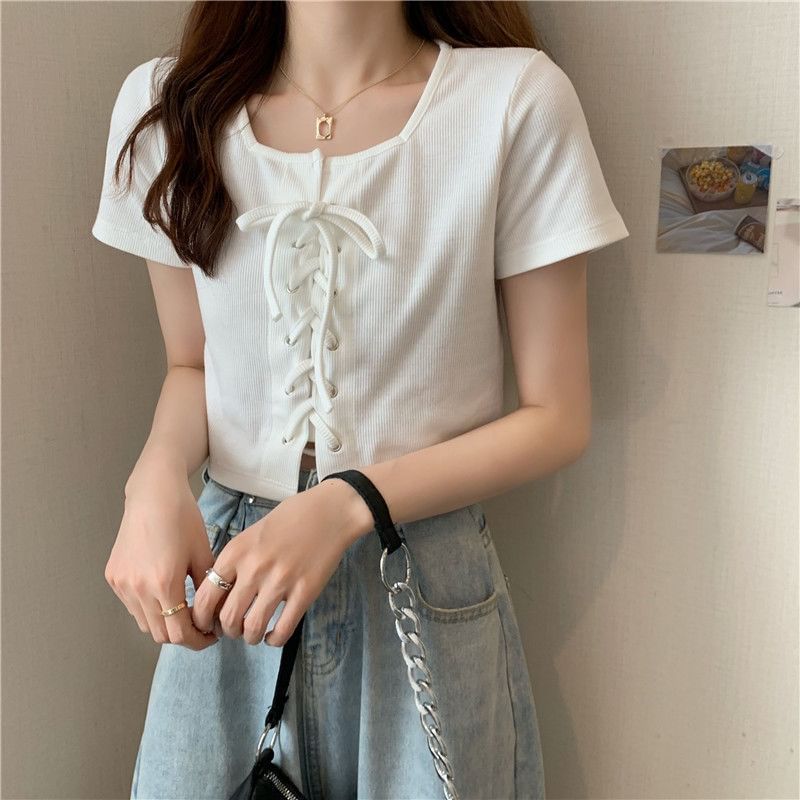 Short-Sleeve Square Neck Plain Lace Up Top