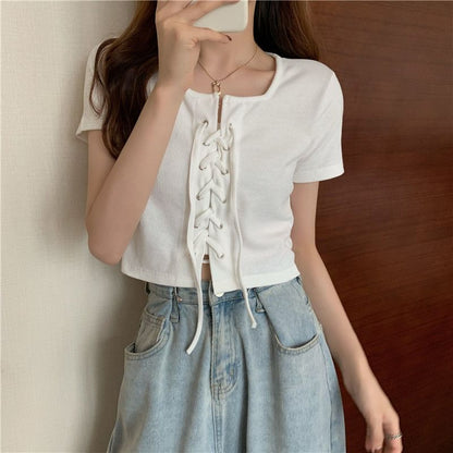 Short-Sleeve Square Neck Plain Lace Up Top