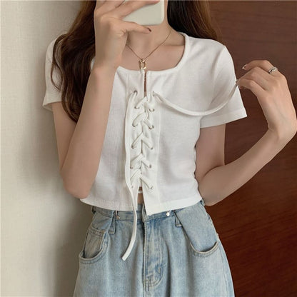 Short-Sleeve Square Neck Plain Lace Up Top