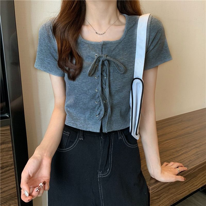 Short-Sleeve Square Neck Plain Lace Up Top
