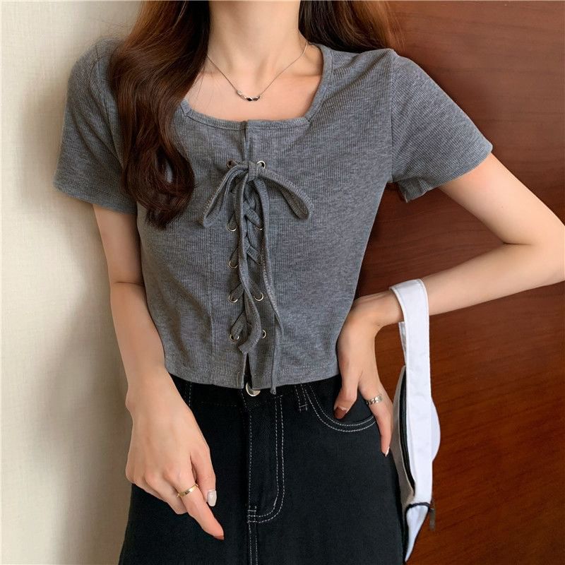 Short-Sleeve Square Neck Plain Lace Up Top