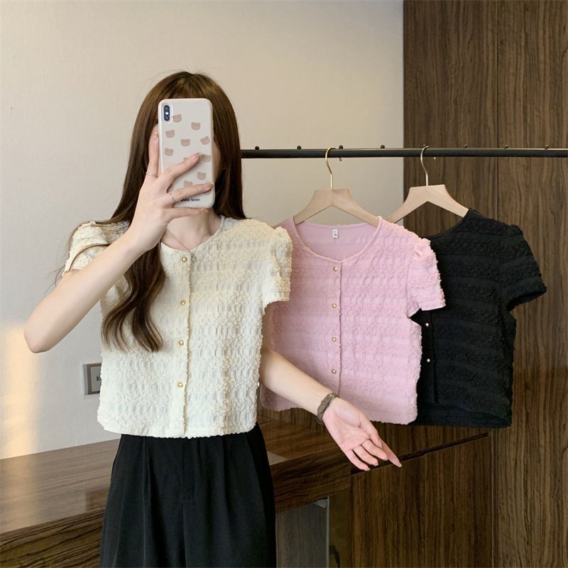 Short-Sleeve Round Neck Plain Frill Button Top