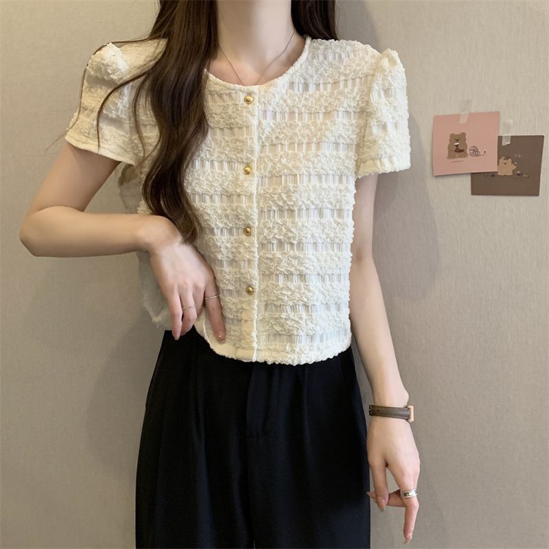 Short-Sleeve Round Neck Plain Frill Button Top