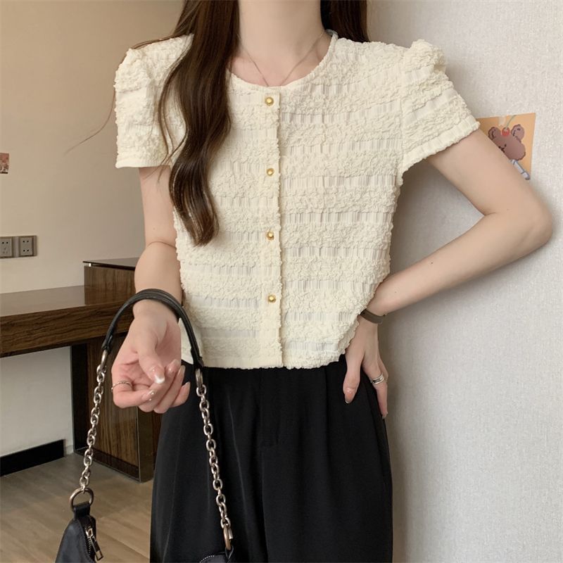 Short-Sleeve Round Neck Plain Frill Button Top