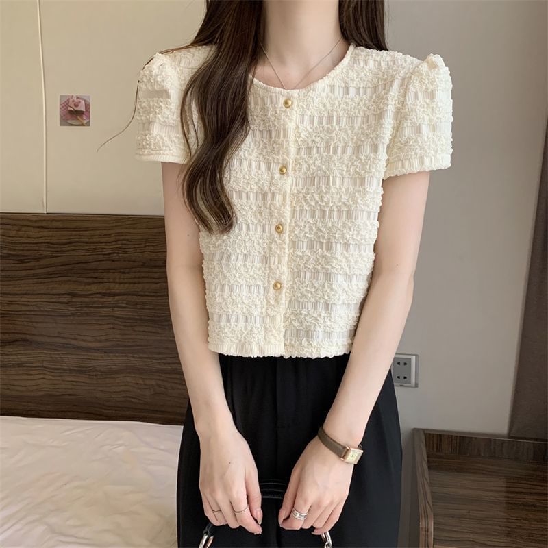 Short-Sleeve Round Neck Plain Frill Button Top