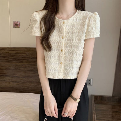 Short-Sleeve Round Neck Plain Frill Button Top