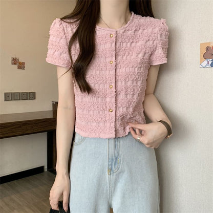 Short-Sleeve Round Neck Plain Frill Button Top