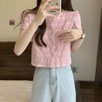 Short-Sleeve Round Neck Plain Frill Button Top