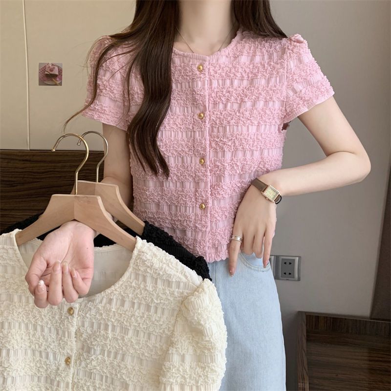 Short-Sleeve Round Neck Plain Frill Button Top