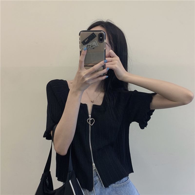 Short-Sleeve Round Neck Plain Ribbed Zip Cardigan