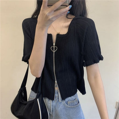 Short-Sleeve Round Neck Plain Ribbed Zip Cardigan